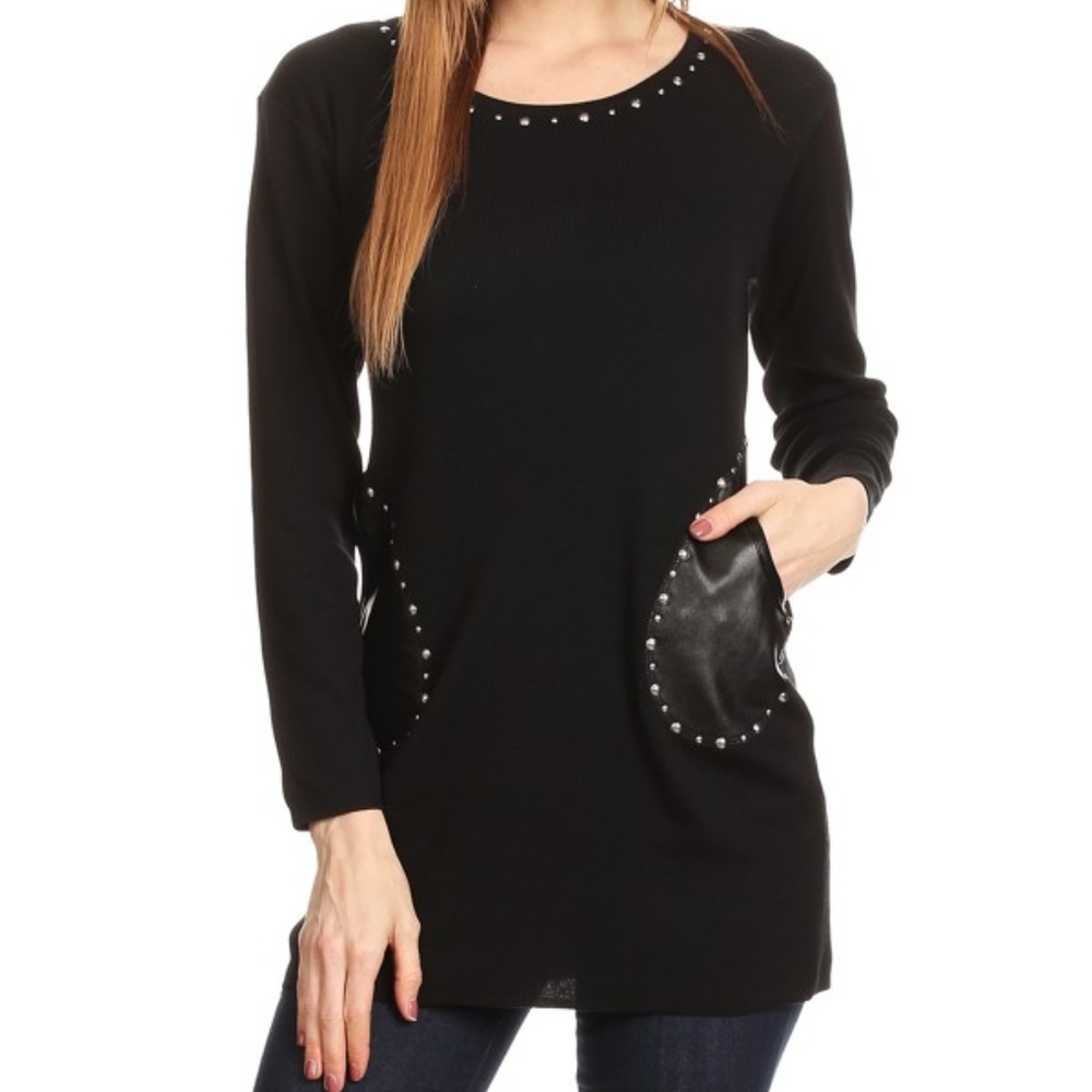 Tunic Top with Faux Leather Pockets